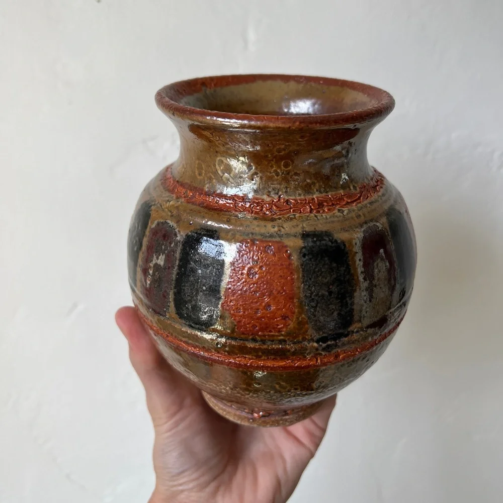 Stoneware hand made vase metallic glaze bronze orange mid century pottery